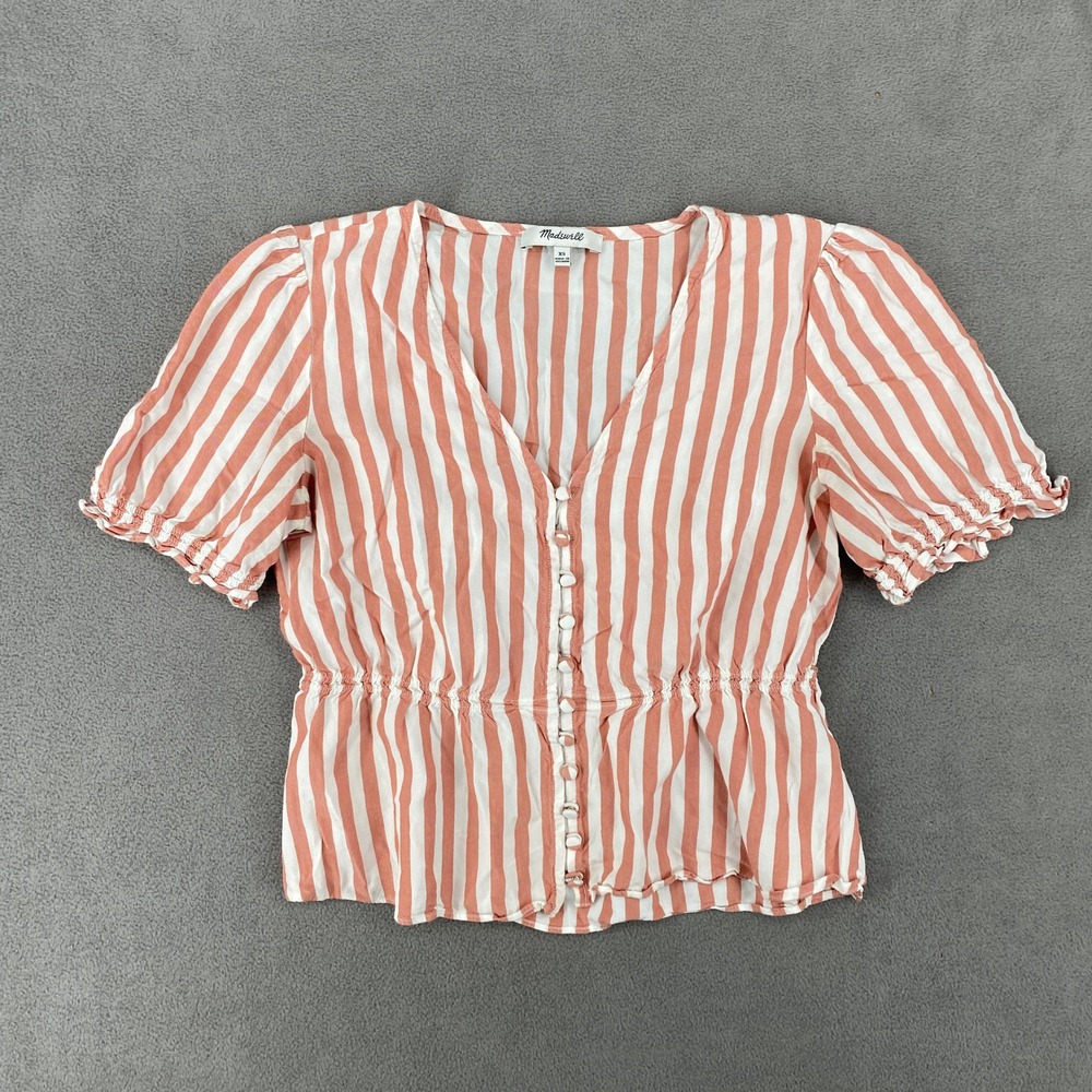 Madewell Womens XS Coral Pink Striped Button Front Smocked Peplum Puff Sleev Top